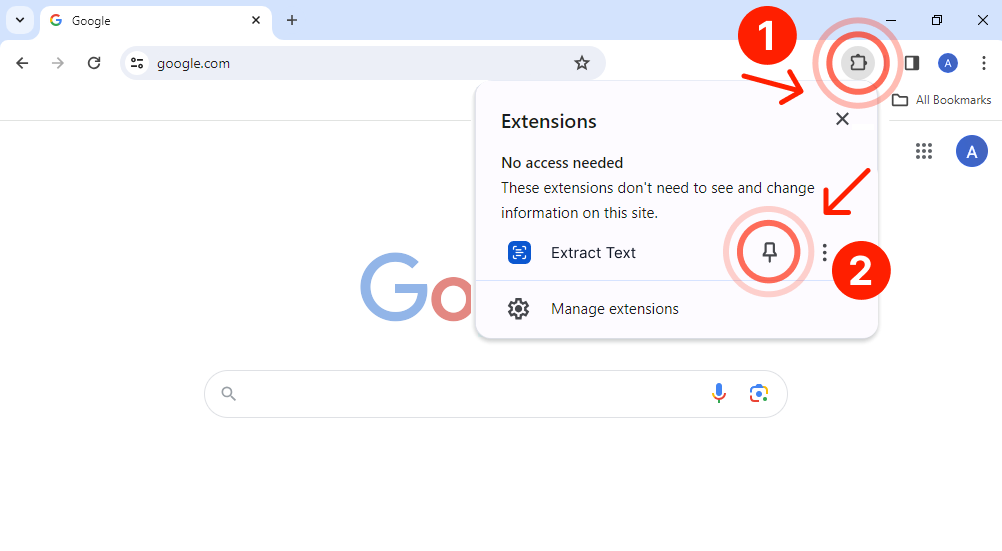 Chrome window: click the Extensions icon, then pin Extract Text to the toolbar