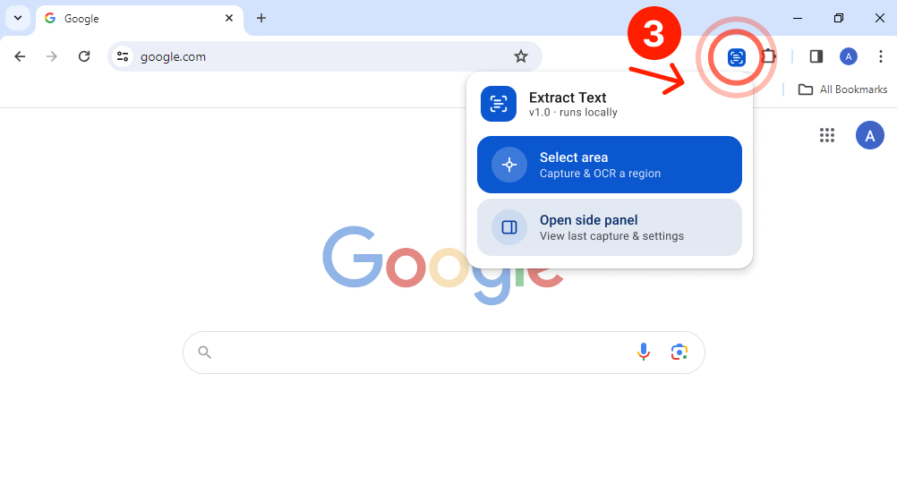 Chrome window: click the Extract Text icon to capture text